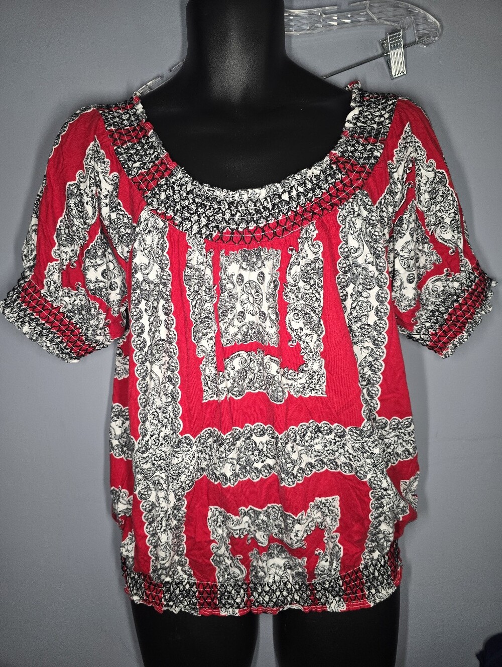 Style & Co Smocked Neck BoHo Blouse-Womens XL-Red/White/Black-Casual shirt-tunic